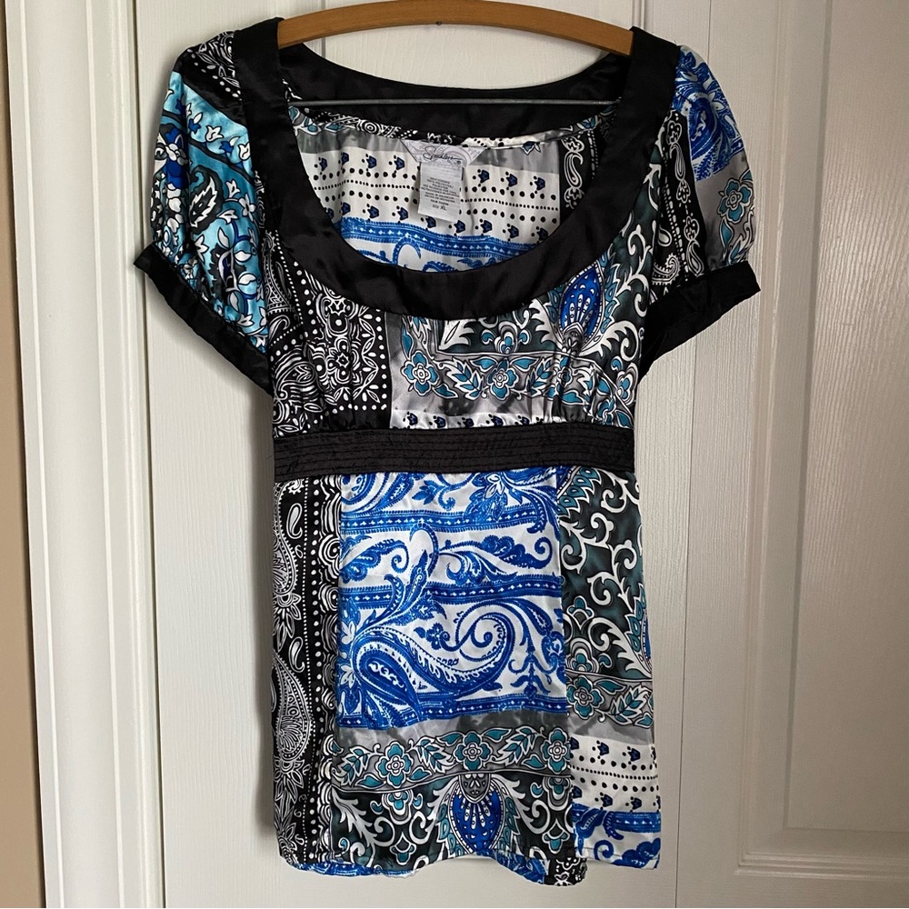 Speechless Babydoll Black Blue Paisley Tie Back Satin Puff Cap Sleeve Blouse XL